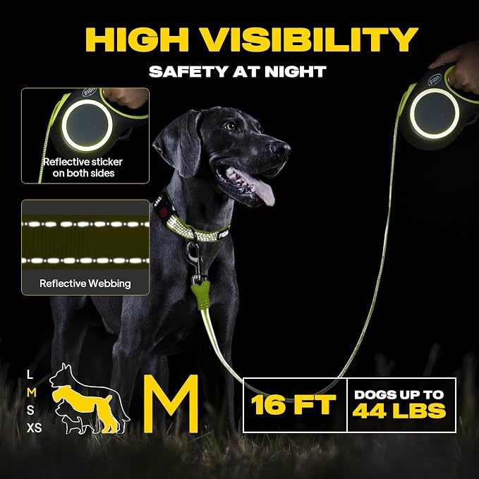 Fida Retractable Dog Leash, Reflective 16ft Heavy Duty Pet Walking Leash for Medium/Large Dog up to 44 lbs, Tangle Free. One-Hand Brake (Medium, Neon Yellow)
