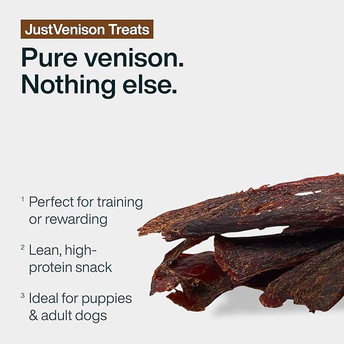 JustFoodForDogs Limited Ingredient Healthy Dog Treats and Dog Snacks, Jerky Treats, Human Grade, Preservative Free, Rawhide Free Chews, Low Calorie Treat - Venison Bark, 5 oz
