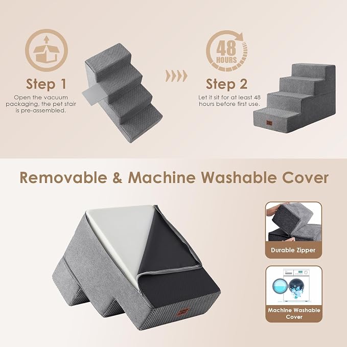 EHEYCIGA Dog Stairs for Bed 20" H, 4-Step Extra Wide Dog Steps for High Bed, Pet Steps for Small Dogs and Cats, Non-Slip Balanced Pet Ramp Indoor, Grey