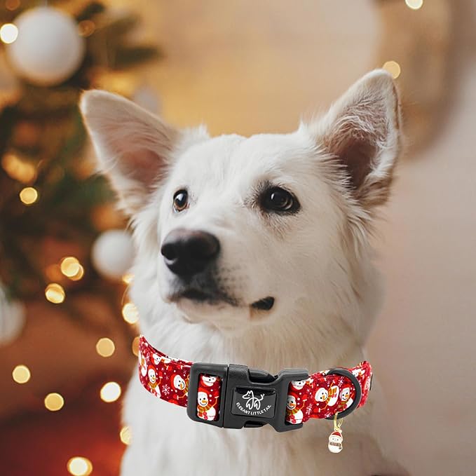 Elegant little tail Christmas Dog Collar, Snowman Print Pet Collar Cotton Soft Plastic Buckle Sturdy Puppy Collars Holiday Female or Male Adjustable Collar for Small Puppy