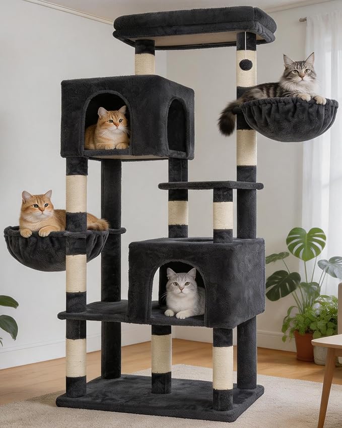 Heybly 68.1" Cat Tree with Oversized Top Platform & Wide Base, Heavy Duty Cat Tower for Large Indoor Cats with 2 Condos, 2 Hammocks, 10 Sisal Scratching Posts, Stable Cat House, Smoky Gray HCT059G