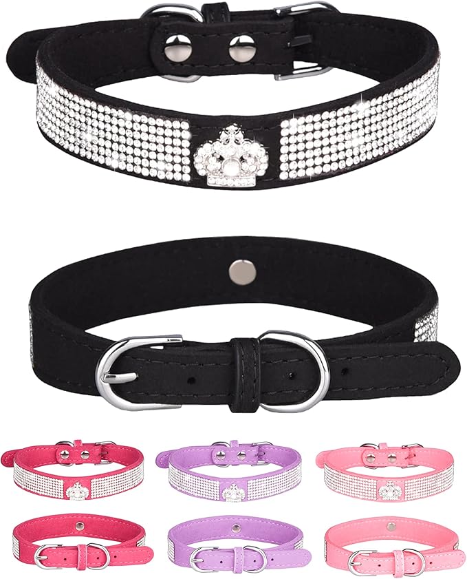 Dog Collar for Small Dogs, Adjustable Leather Suede Bling Dog Collars，Pink Dog Collar Cat Collar, Rhinestone Dog Collar (M, black3)