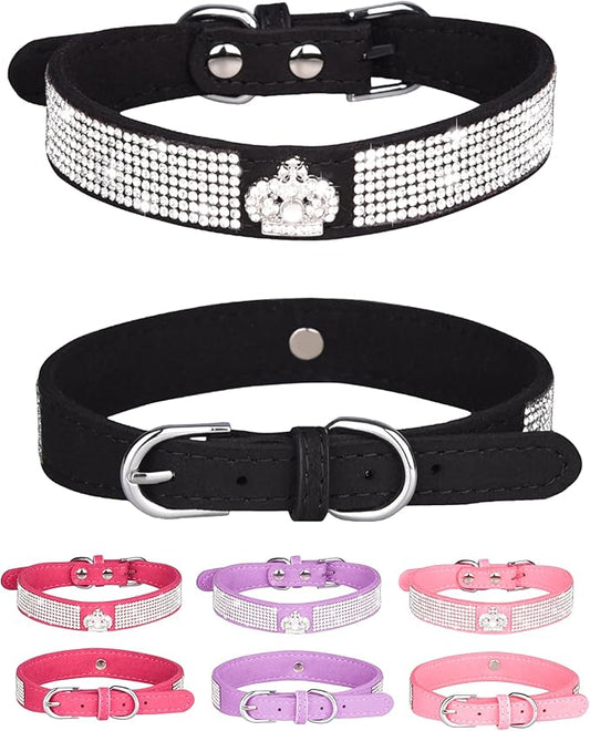 Dog Collar for Small Dogs, Adjustable Leather Suede Bling Dog Collars，Pink Dog Collar Cat Collar, Rhinestone Dog Collar (L, black3)