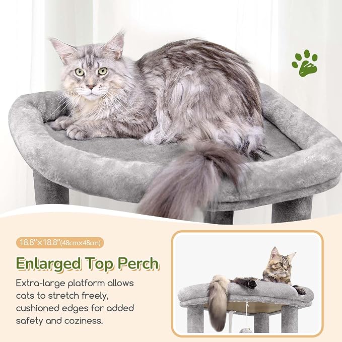 Globlazer Heavy Duty Cat Tree, 74in Tall Sturdy Cat Tower for Large Cats Adult Big Cat Tree with 7 Scratching Posts, 2 Condos with Pad, 2 Dual-Ear Hanging Baskets, Enlarged Top Perch, S74, Light Grey