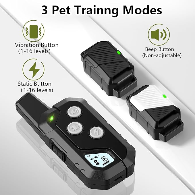 Shock Collar for Dogs, Dog Training Collar with Remote Control for 2 Dogs, 3 Training Modes with Beep, Vibration and Satic, Waterproof, Rechargeable for Large Medium