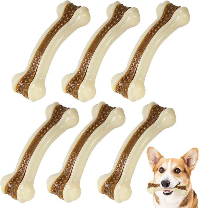 Dog Bones for Aggressive Chewers, 6 Pack Nylon Chew Toys, Real Beef Flavor, Durable Teething Toys for Medium/Small Dogs