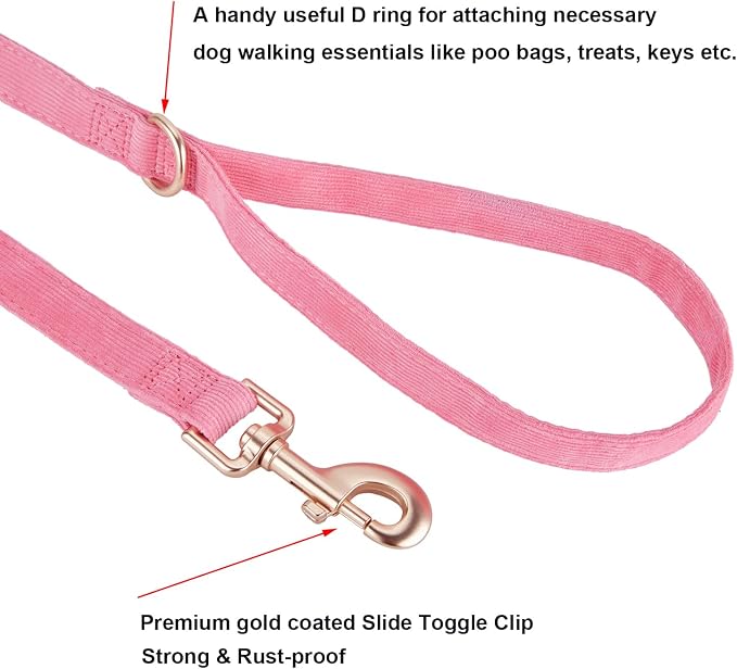 Soft Corduroy Dog Collar and Leash Set Adjustable Durable Dog Collars with Metal Buckle and Lead for Female Medium Dogs,Hot Pink