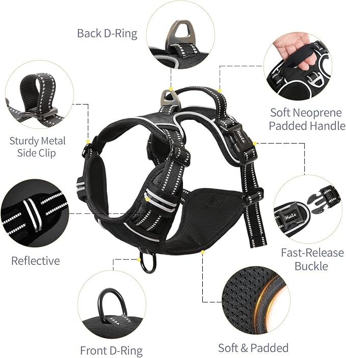 HEELE Dog Harness, No Pull Adjustable Padded Reflective Harness for Small Medium Large Dogs with Handle for Walking Training, Black, L