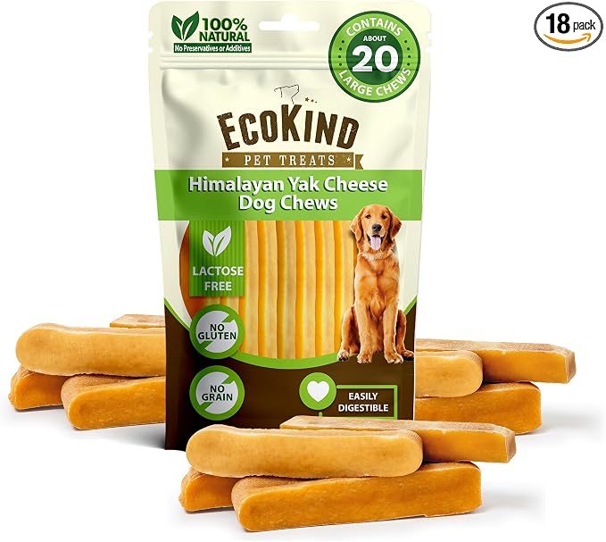 EcoKind Yak Cheese Himalayan Dog Chews, Yak Chews for Large Dogs, Long Lasting Bone for Aggressive Chewers, 3 Ingredient Natural High Protein Treats, No Additives or Lactose, Large - 18+ Chews (5 lbs)