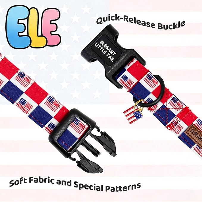 Elegant Little Tail 4th of July Dog Collar with Pendant, American Dog Collars Patriotic Red White Blue Pattern, Sturdy Quick-Release Plastic Buckle Adjustable Pet Collar for Large Dogs