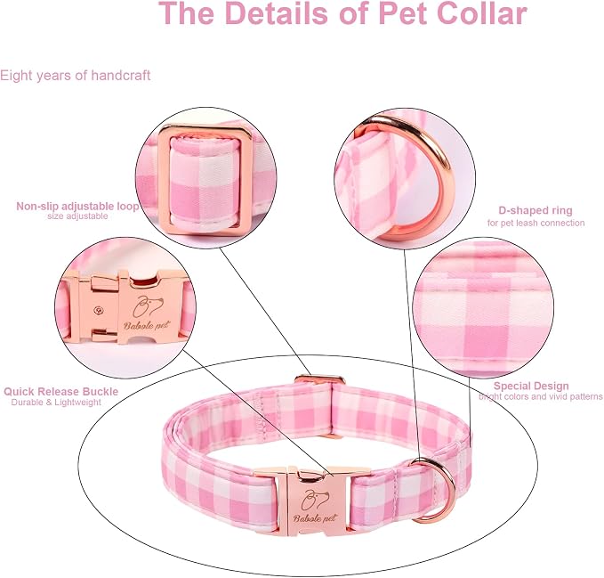 Girl Dog Collar, Classic Pink Gingham Dog Collars - Soft Adjustable Spring Summer Everyday Collars for Small Medium Large Dogs, Sweet Checkered Female Dogs Collar XL