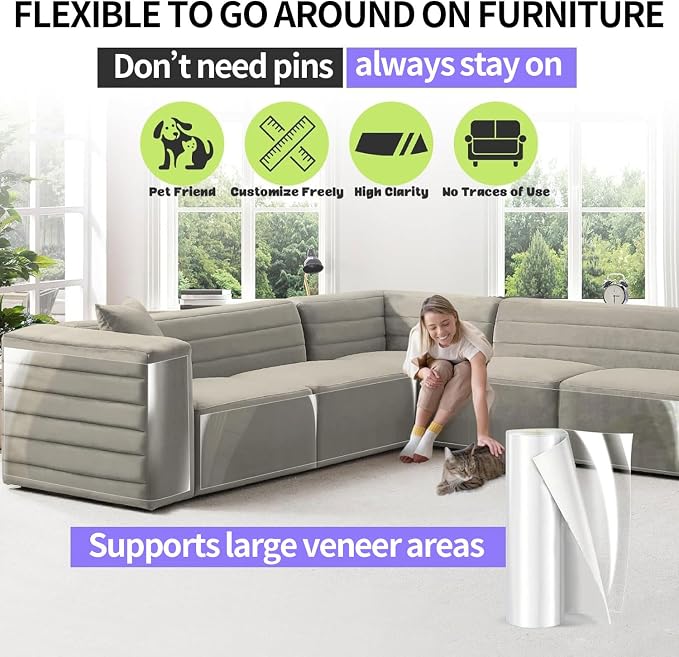 2Pack Thicken Anti Cat Scratch Furniture Protector,118"x8"Single-Sided Sticky,Couch Corner Protectors for Cats, Transparency cat Couch Protector