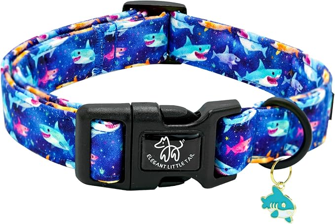 Elegant little tail Dog Collar- Cute Dog Pet Collars Blue Shark Print Puppy Adjustable Soft Cotton Boy Dog Collars for Small Medium Large Dogs, X-Small