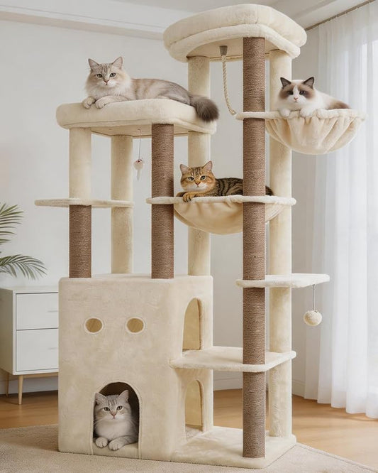Heybly Cat Tree, 69.7 inches Secure Anti-Tip Cat Tower for Large Cats, Expansive Cat Furniture with Dual-Tier Cat Condo Villa, 2 Top Perches, Hammock & Full Sisal Scratching Posts Beige HCT065MJ