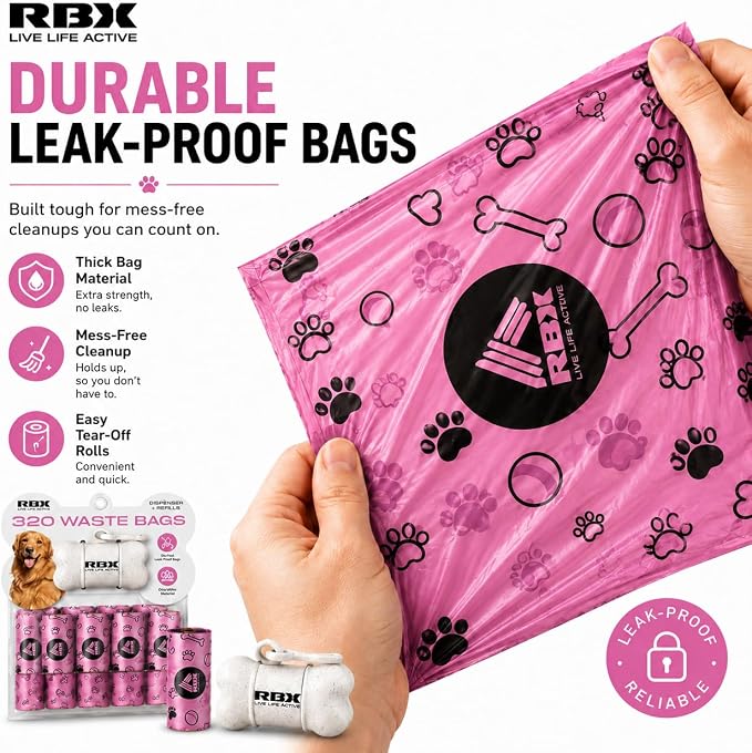 RBX Dog Poop Bags with Leash Holder, 320 Bags, 16 Refill Rolls | Clip-On Dispenser, Durable Leak-Proof, Recyclable Material