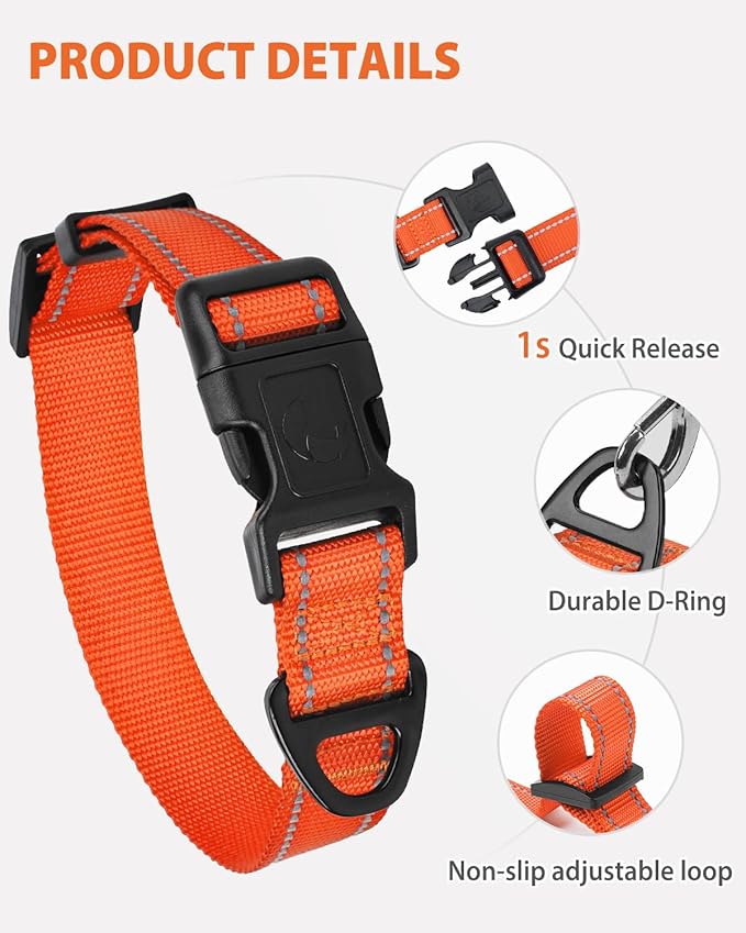 Joytale Extra Large Dog Collar, Wide Double-Sided Reflective Nylon Collar for Night Safety, Adjustable Quick-Release for Gentle Giants, Orange, XL (1 1/4" Width)