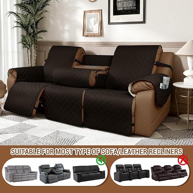 Waterproof Recliner Sofa Covers with Flipped Middle Backrest Washable Recliner Couch Covers Non-Slip with Elastic Straps Furniture Protector for Kid Dogs Pets (Chocolate)