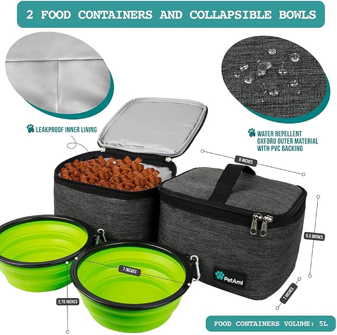 PetAmi Dog Travel Bag Organizer, Pet Travel Kit with 2 Food Containers & 2 Collapsible Dog Bowls, Pet Supplies Tote with Luggage Sleeve, Weekend Road Trip Camping Essentials, Dark Gray, Large