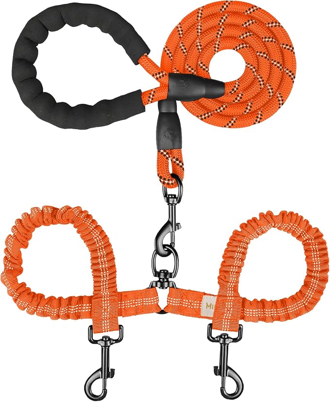 MingXpets Double Dog Leash, Dual Dog Leash, 360° Swivel Tangle Free Bungee Walking Training for Large Medium Dogs, Shock Absorbing Bungee Reflective for Two Dogs, 18~120 lbs, Orange