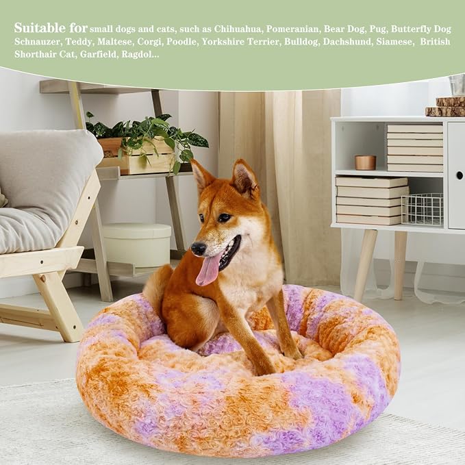 Calming Dog Bed for Medium Dogs Cats, Puppy 31'' Round Anti-Anxiety Warm Fluffy Plush Faux Fur Bed, Soft Anti-Slip Donut Washable, Cozy Medium Puppy Bed, Fits up to 50 lbs Pets