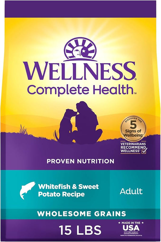 Wellness Complete Health Adult Dry Dog Food, Wholesome Grain Kibble, Natural, Chicken Free, Whitefish and Sweet Potato Recipe, 15 lb Bag