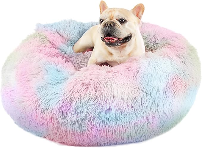 Himax Medium Dog Bed Washable, Round Dogs Beds with Blanket Attached, Calming Dog Bed, Multi-Colored (20"/26"/35")