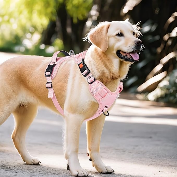 Timos Dog Harness Large Sized, No Pull Pet Harness with Neck Lockable Snap,No Choke Front Clip Dog Reflective Vest,Adjustable Metal Rings 3 Buckles,Easy Control Handle for Large Dogs Pink L