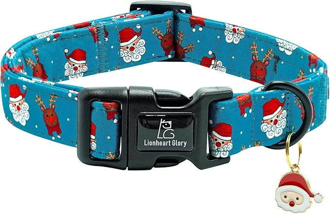 Lionheart glory Christmas Dog Collar, Blue Christmas Santa Deer Dogs Collar Adjustable Soft Comfortable Collars for Large Dogs Girl or Boy Pet Gift Fall Cute Collar