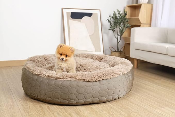 HACHIKITTY Dog Donut Round Calming Bed, Fluffy Dog Bed for Medium Large Dogs, Cooling Warming Soft Dog Cushion Bed, Double Sided Available Dog Bed with Warm & Cool Sides(24"x24"x7", Taupe)