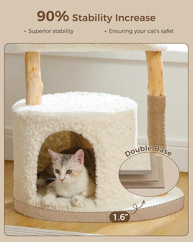 MUTTROS Modern Cat Tree Tower for Large Cats, Wood Cat Tower with Natural Scratching Post, Solid Wood Condo, Real Branch Luxury Cat Furniture with Curved Bed, Top Basket, White