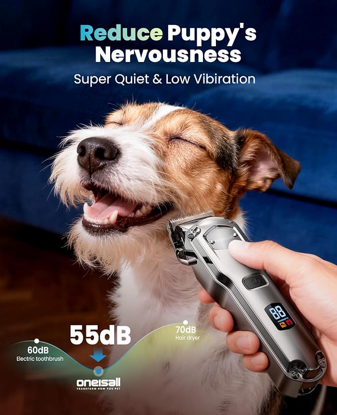 oneisall Dog Clippers for Grooming for Thick Heavy Coats/Low Noise Rechargeable Cordless Pet Shaver with Detachable Stainless Steel Blade/Waterproof Dog Shaver for Dogs Pets and Animals (Silver)