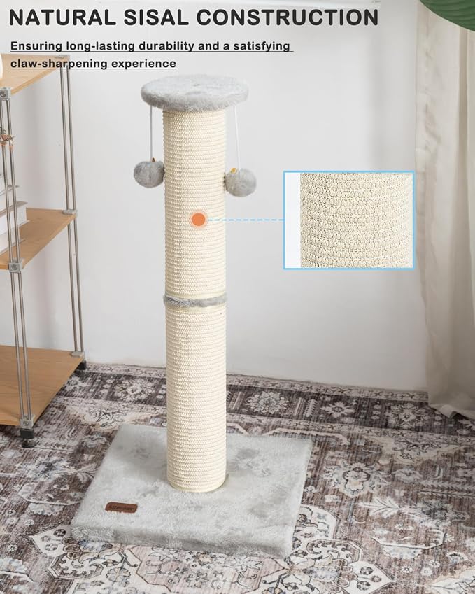 Cat Scratching Post 34 Inches Large Sturdy Cat Post with Sisal Scratcher and Hanging Ball Scratching Post for Indoor Cats Adult Grey