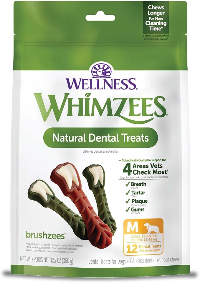 Whimzees Wellness Brushzees Natural Dog Dental Treat, VOHC Accepted Chews, Freshens Breath, Medium Size, 12.7 oz Bag, 12 Count