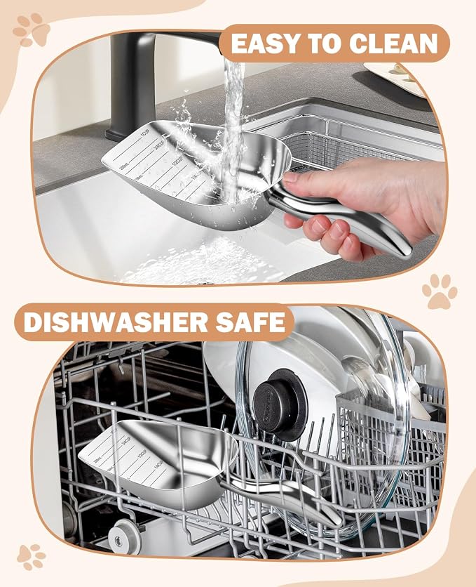Stainless Steel Cat-Dog Food-Scoop Measuring 1-Cup, Pet Food Scoop with Measuring Lines For Dogs, Cats, And Kitchen Use, Dishwasher Safe
