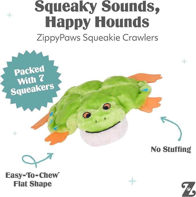 ZippyPaws Squeakie Crawler- No Stuffing Dog Toy to Keep Them Busy, for Small, Medium, & Large Dogs, Squeaky Pet Toy for Boredom, Unstuffed Chew Toy, Soft Plush Puppy Products, Toby the Tree Frog- 11"