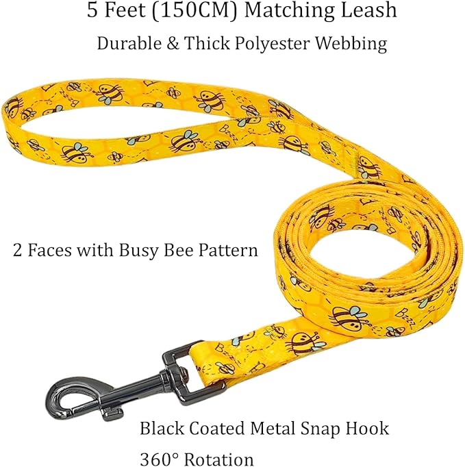 Dog Collar Leash Set, Busy Bee Pattern, 5ft Matching Leash, Polyester Material, 4 for Small Medium Large Dogs.(XS, Bee)