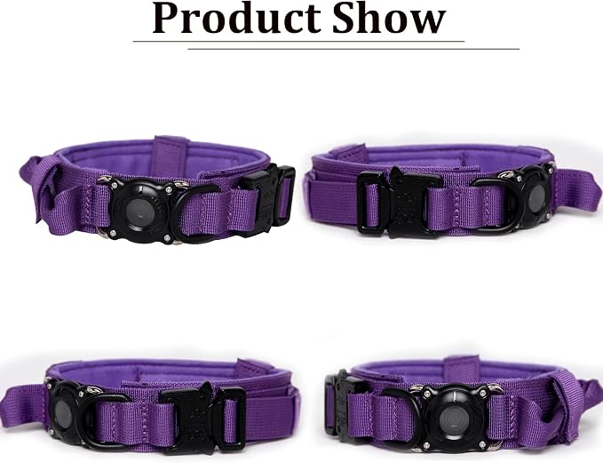 Tactical Dog Collar and Leash Set with Airtag Holder Waterproof Dog Airtag Collar with Handle Adjustable Heavy Duty Dog Collar Leash Set(DeepPurple，L
