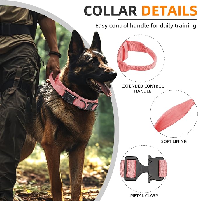 Tactical AirTag Dog Collar, 100% Waterproof Integrated Apple Air Tag Dog Collars with Hard PC AirTag Holder, Adjustable Military Collar with Handle, GPS Dog Collar for Medium Large Dogs(Pink,M)