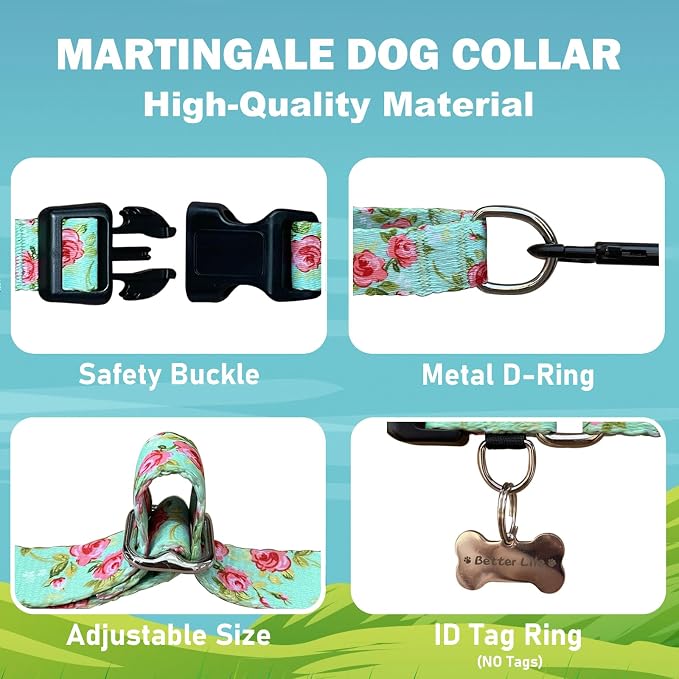 Martingale Collar for Dogs with Buckle Pink Floral Dog Collar No Pull Cute Girl Female Dog Collars for Small Dogs, Green Rose