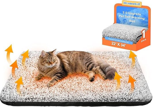 WanpeeGoo Self Warming Pet Bed for Cats & Dogs, Heated Pet Mat, 2.0 Upgraded Thermal Foil Heating Pad, Plush Self-Heating Bed for Crate, Floor, with Removable Washable Cover, Non-Slip, Gray, 22"x34"