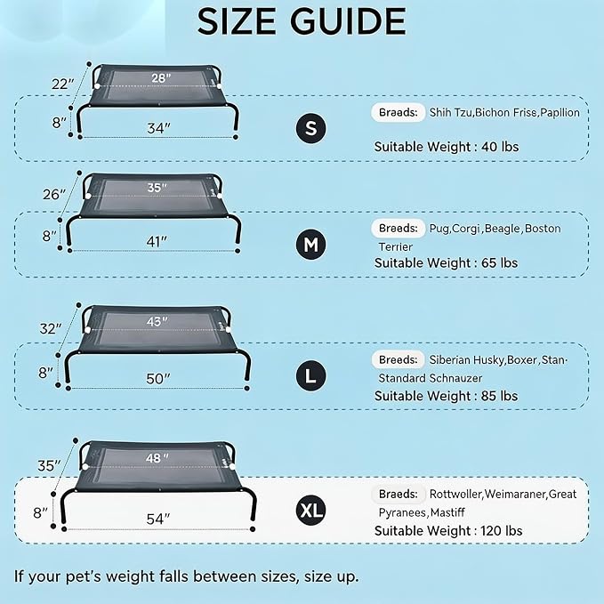 Cooling Elevated Dog Bed for Extra Large Dogs with Non-Slip Floor Protectors & Breathable Mesh, XL Raised Indoor & Outdoor Dog Cot Hammock, 54" L x 35" W x 8" Th, X-Large, Grey