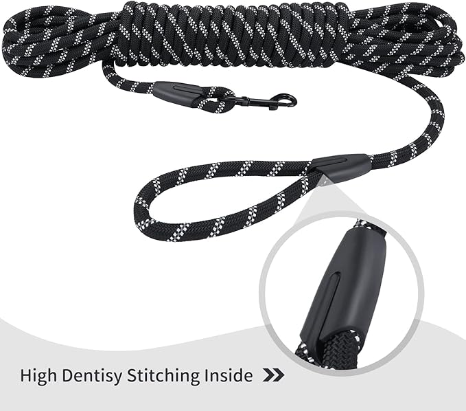 Long Dog Leash for Training 30Ft-Reflective Nylon Rope with Swivel Hook-Recall Agility Lead for Large Small Medium Dogs Outside Walking Hiking-Black