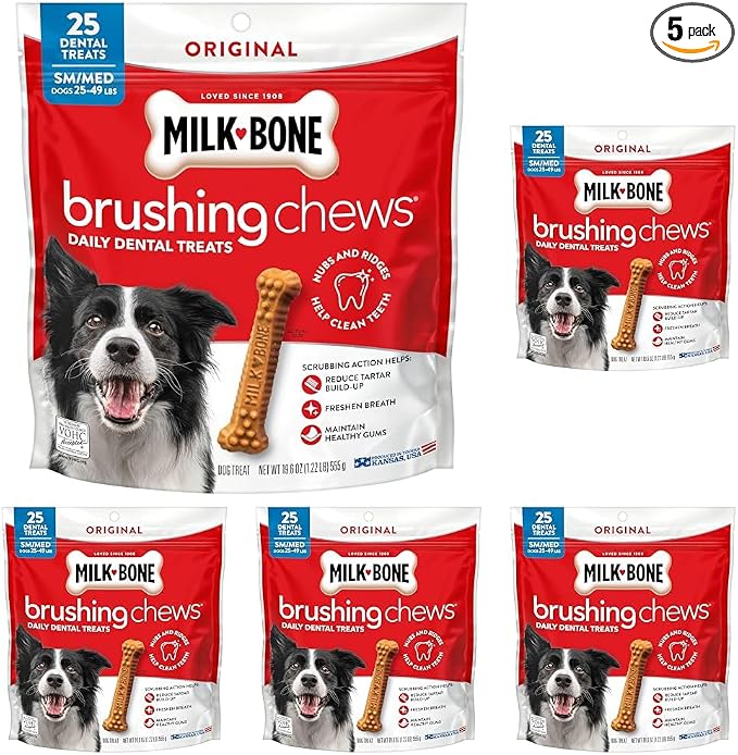 Milk-Bone Brushing Chews Original Chicken Flavor Daily Dental Dog Treats, Small/Medium, 19.6 Oz. Bag (Pack of 5)