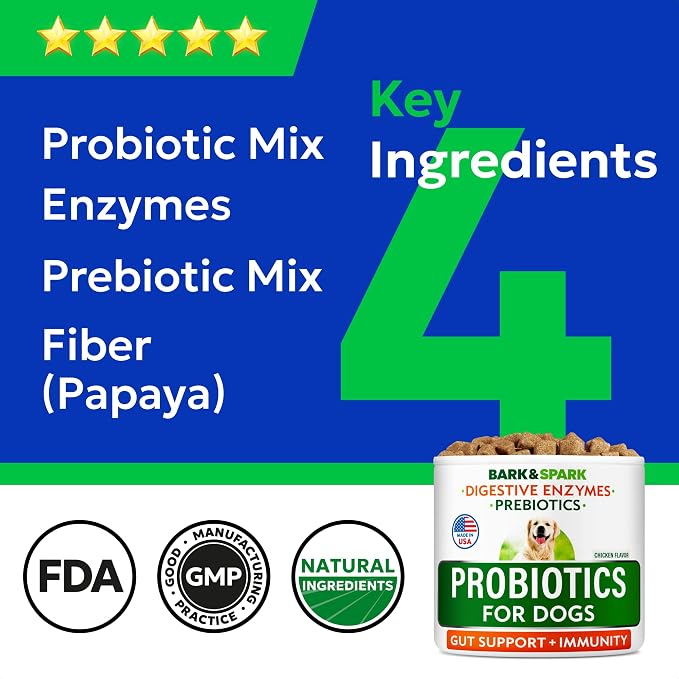 BARK&SPARK Probiotics for Dogs Digestive Health w/Enzymes - Diarrhea Gas Treatment Upset Stomach Relief - Allergy & Itchy Skin - Pet Dogs Probiotics - Digestion Supplement Treat (120Ct Chicken)