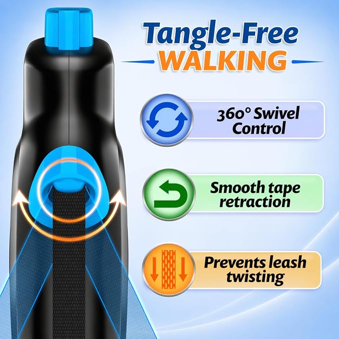 16.4 ft Retractable Dog Leash for Dogs 10–100 lbs - Heavy Duty Tape Leash with Strong Nylon Tape - 360° Swivel Control - One-Click Brake & Lock - Ergonomic Non-Slip Grip for Safe & Easy Daily Walks