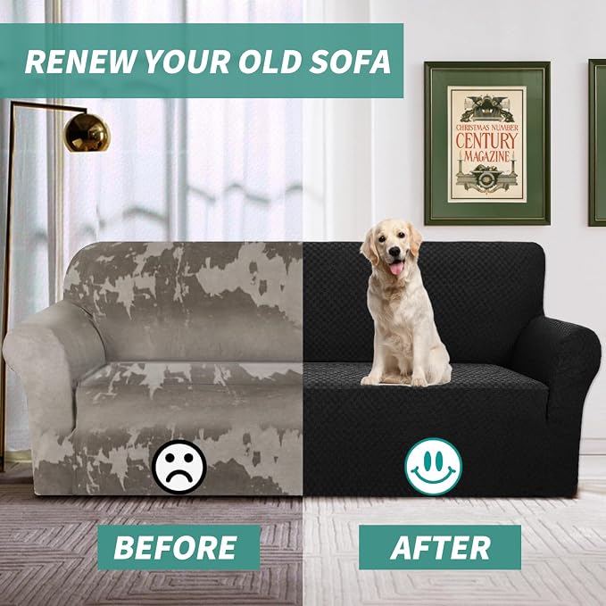 YEMYHOM Couch Cover Latest Jacquard Design High Stretch Sofa Covers for 3 Cushion Couch, Pet Dog Cat Proof Slipcover Non Slip Magic Elastic Furniture Protector (Sofa, Black)