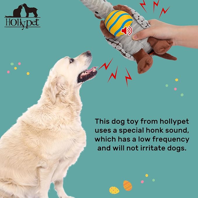 Hollypet Plush Dog Squeaky Toy Stuffed Armadillo Animal Pet Puppy Chew Toys with Clean Teeth for Small Medium Large All Breed Sizes Dogs, Gray, 8 in, Yellow Egg with Blue Stripes