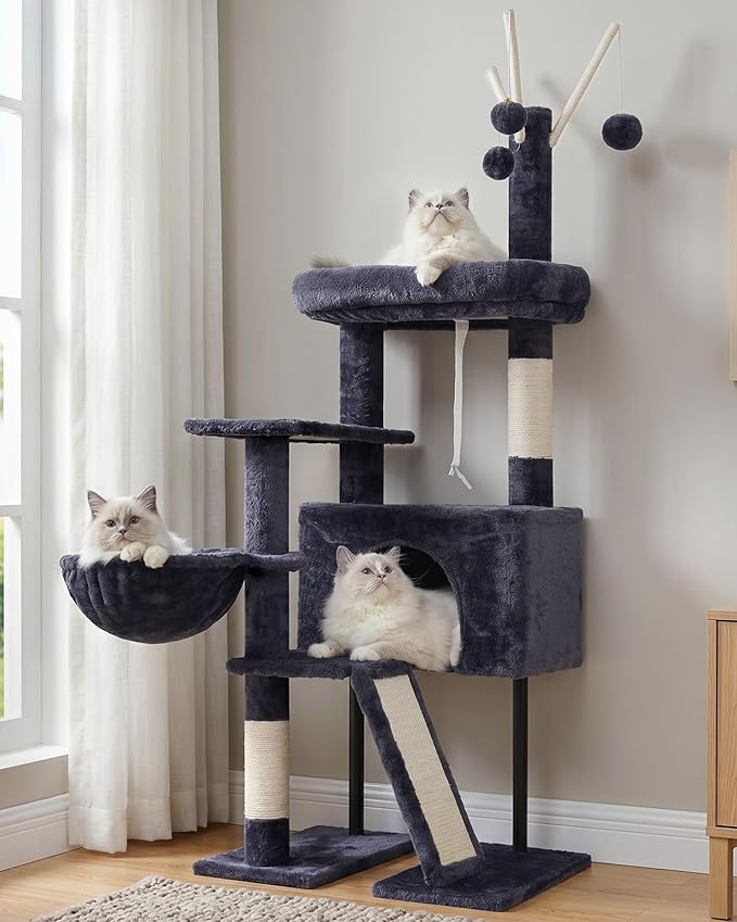 Gitelsnour Cat Tree for Indoor Cats, Cat Tower with Scratching Post for Small Cats and Kittens, Cat House with Removable Top Platform and Fluffy Balls, Hanging Cat Basket, Smoky Gray GCT006SG