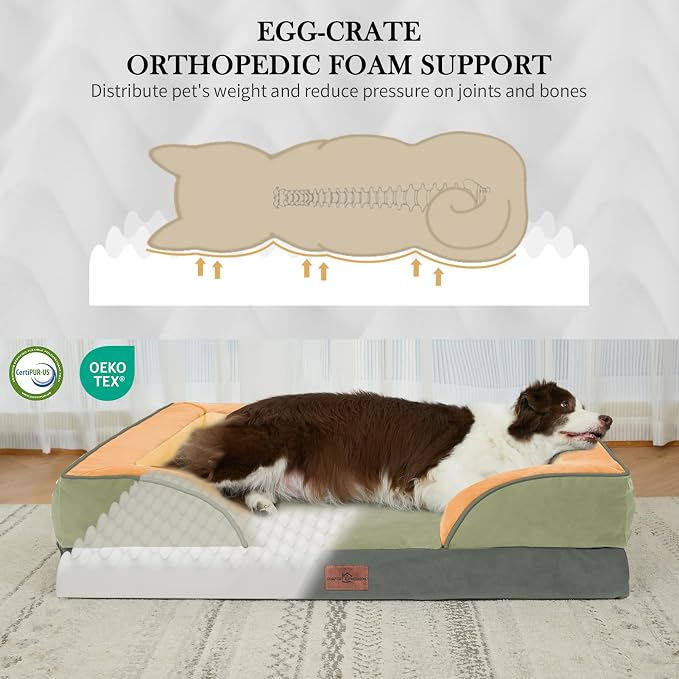 Comfort Expression Orthopedic Dog Bed for Extra Large Dogs 42x30 Inch, Waterproof Egg Crate Foam XL Pet Bed with Removable Bolsters, Dog Couch with Washable Cover & Non-Slip Bottom, Avocado