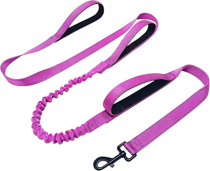 WYuZe 3 Handle Dog Leash for Large Medium Dogs- 7FT Reflective, Shock Absorbing Bungee, Heavy Duty Training Leash with Three Padded Traffic Handles for Control & Jogging, Purple